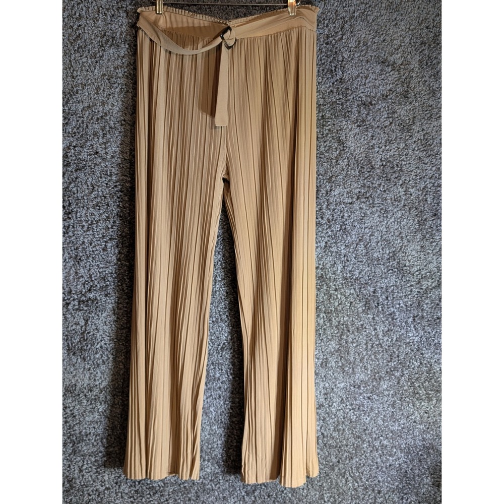 Soho Apparel Pleated Pants Womens 1XL Tan Excellent Belted Wide Leg Trousers